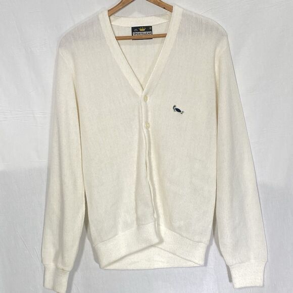Vintage SPORTSWEAR Cardigan Sweater V Neck Button Front Long Sleeve Mens S Cream - Picture 2 of 9